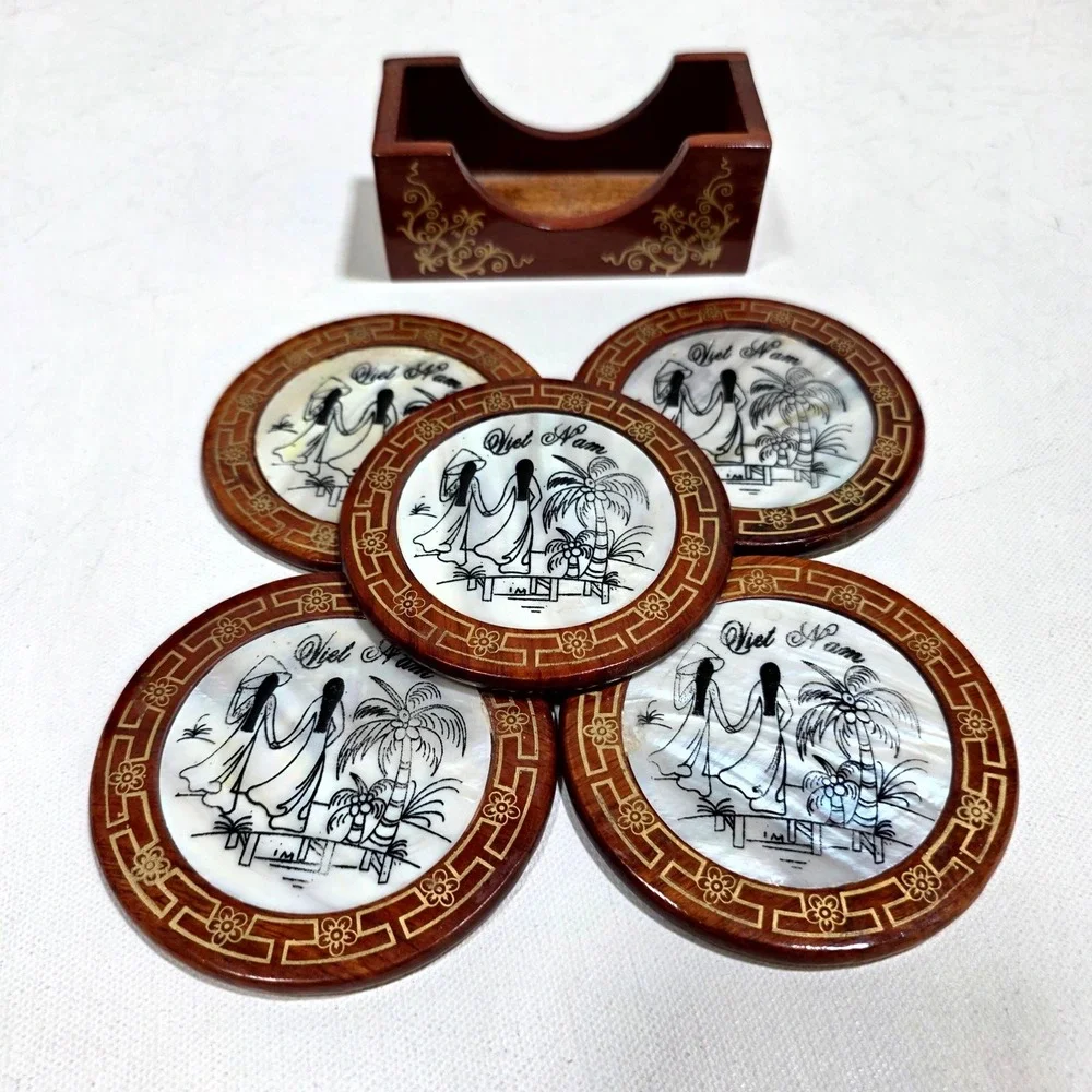 Boho Coasters Brown Mother of Pearl Inlay Dark Wood Vietnam Set 5 Eclectic Art